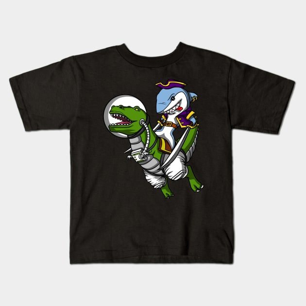 Shark Pirate Riding T-Rex Dinosaur Kids T-Shirt by underheaven